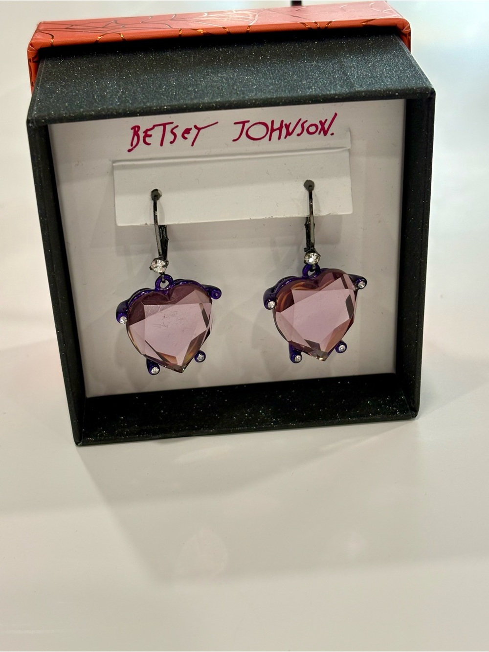 Betsey Johnson Amethyst Heart Crystal Drop Earrings